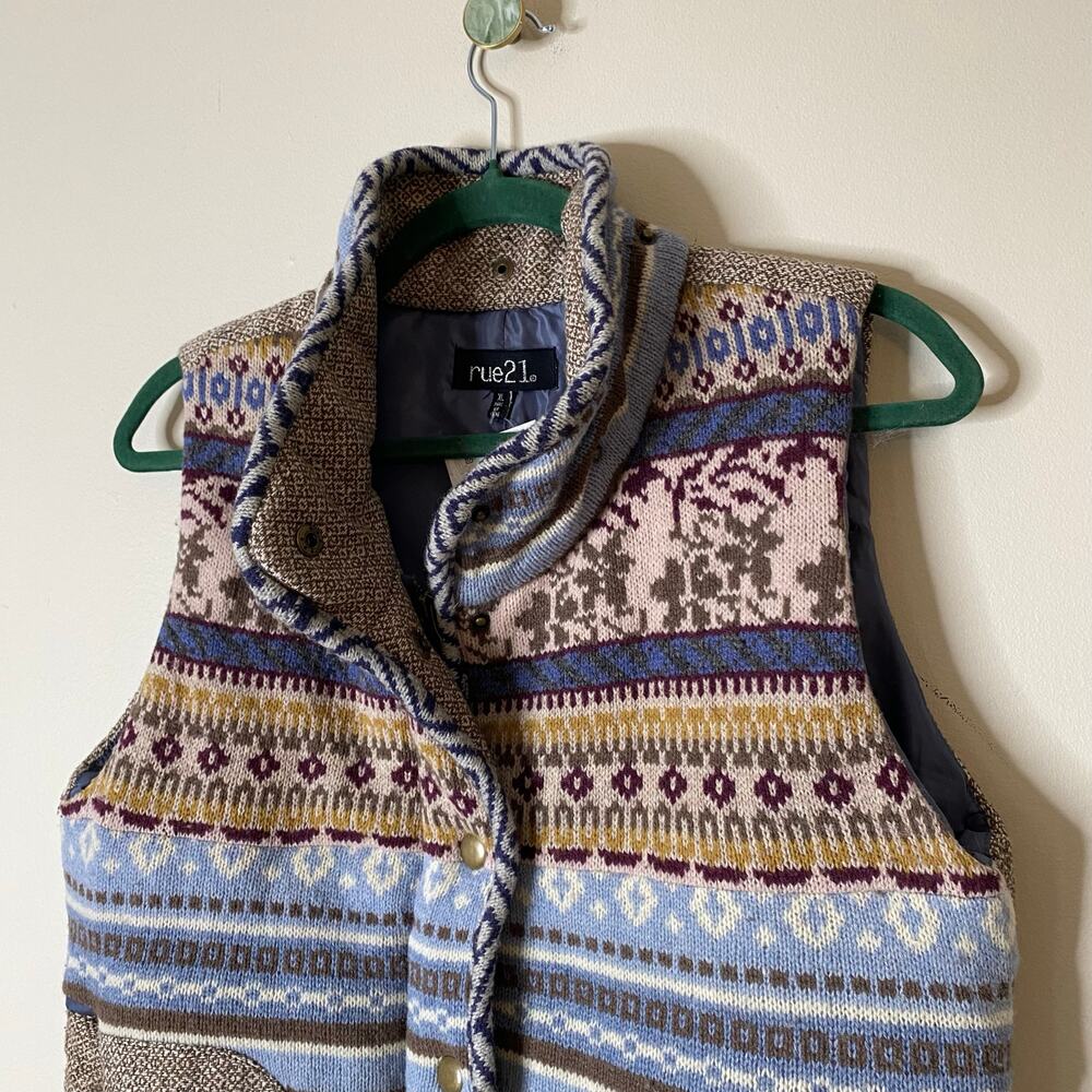 Y2K RUE 21 Fair Isle 100% Wool Knit Zip Snap Closure Vest XL - Picture 2 of 7
